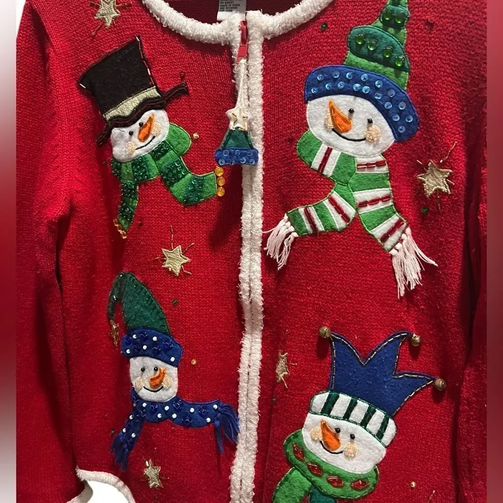 🎄 Heirloom Collectibles Christmas Snowman Cardigan Sweater – Women’s Small